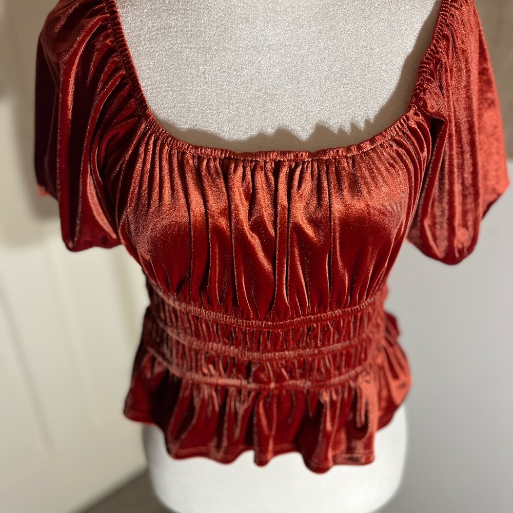 ROW A Women’s Burnt Velvet Tiered Hem Stretch Crop Top Shirt Medium Nordstrom - Picture 6 of 12